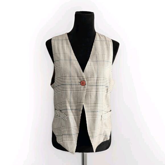 Vintage Stephanie Queller Houndstooth Plaid Beige Bown Black Vest Size 10 - Picture 1 of 8